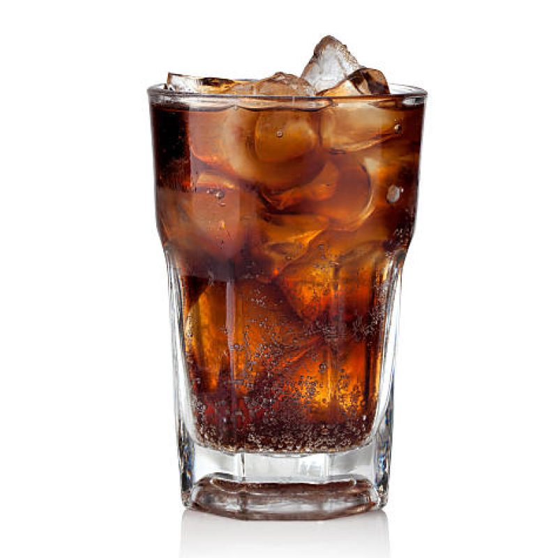 Cola glass with ice cubes on a white background